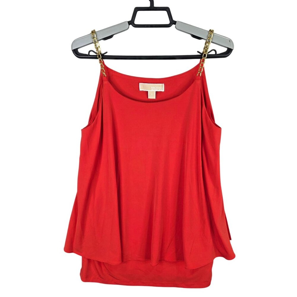 Womens Michael Kors Red Sleeveless Gold Chain Strap Tank Top Polyester Stretch S